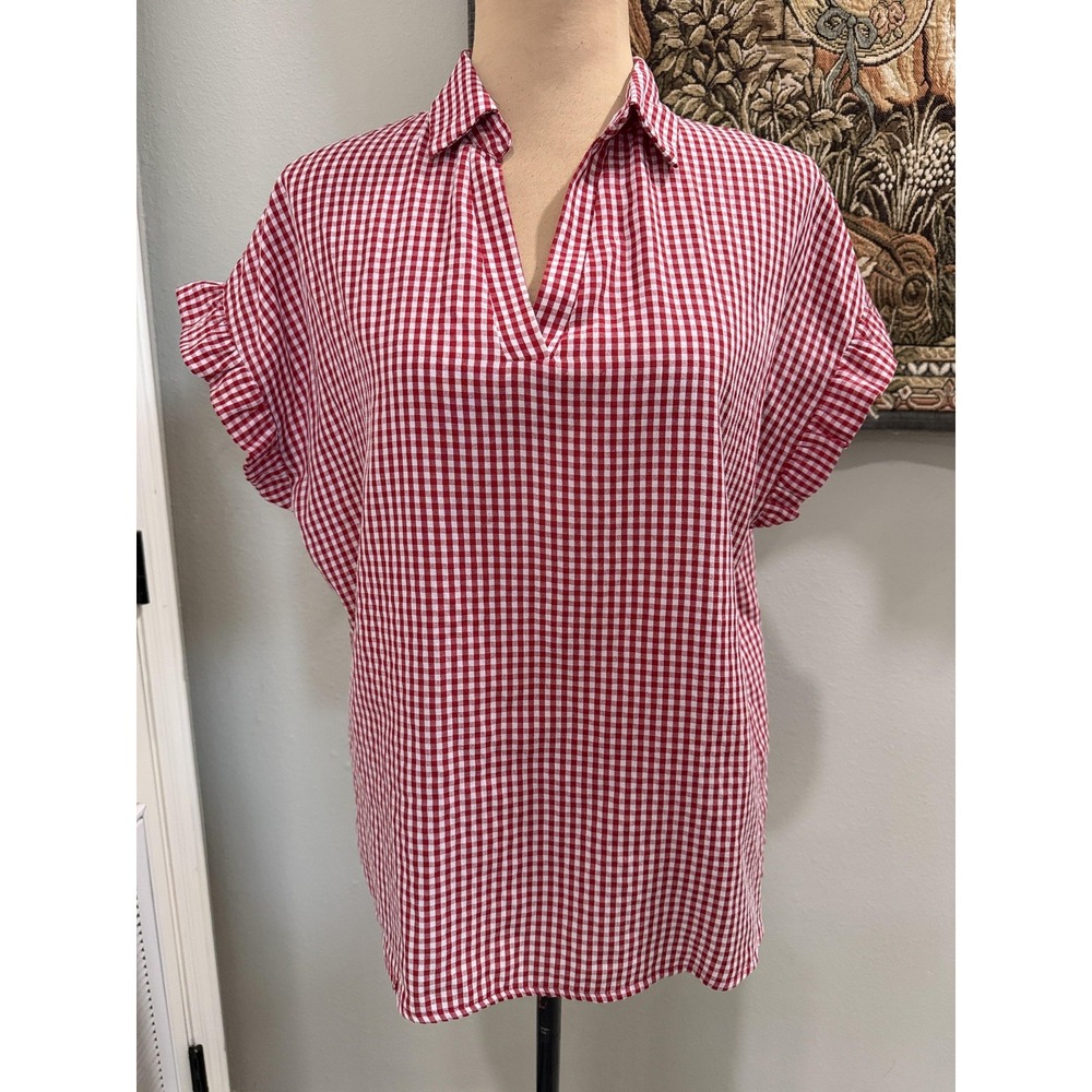 SheIn Blouse Womens Medium Red Gingham Check Flutter Sleeve Collared Top